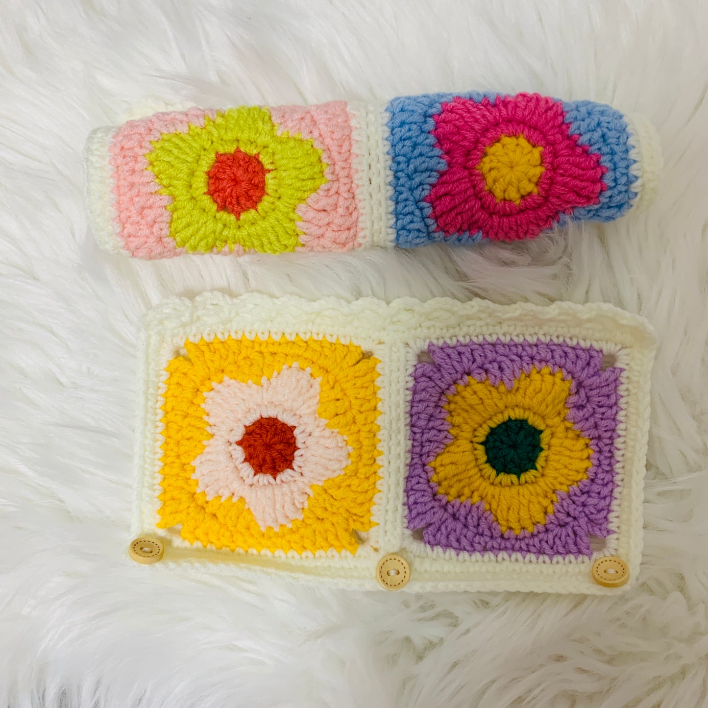 Handmade crochet Steering Wheel Cover for women, cute colorful flower seat belt Cover, Car interior Accessories decorations