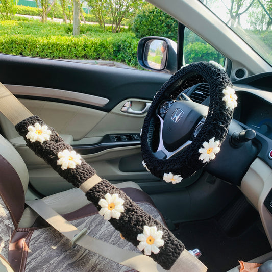 Handmade Crochet handmade Steering Wheel Cover for women, cute daisy flower seat belt Cover, kawaii Car interior Accessories decorations