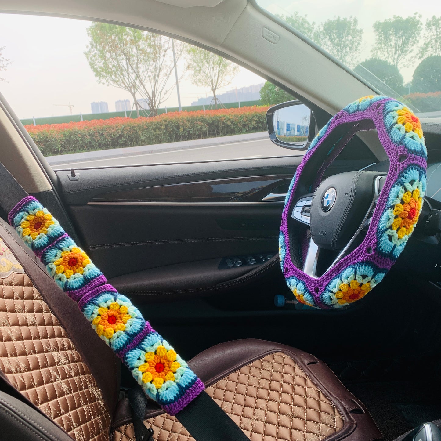 Steering Wheel Cover for women, Crochet cute flower seat belt Cover, Car Accessories decorations