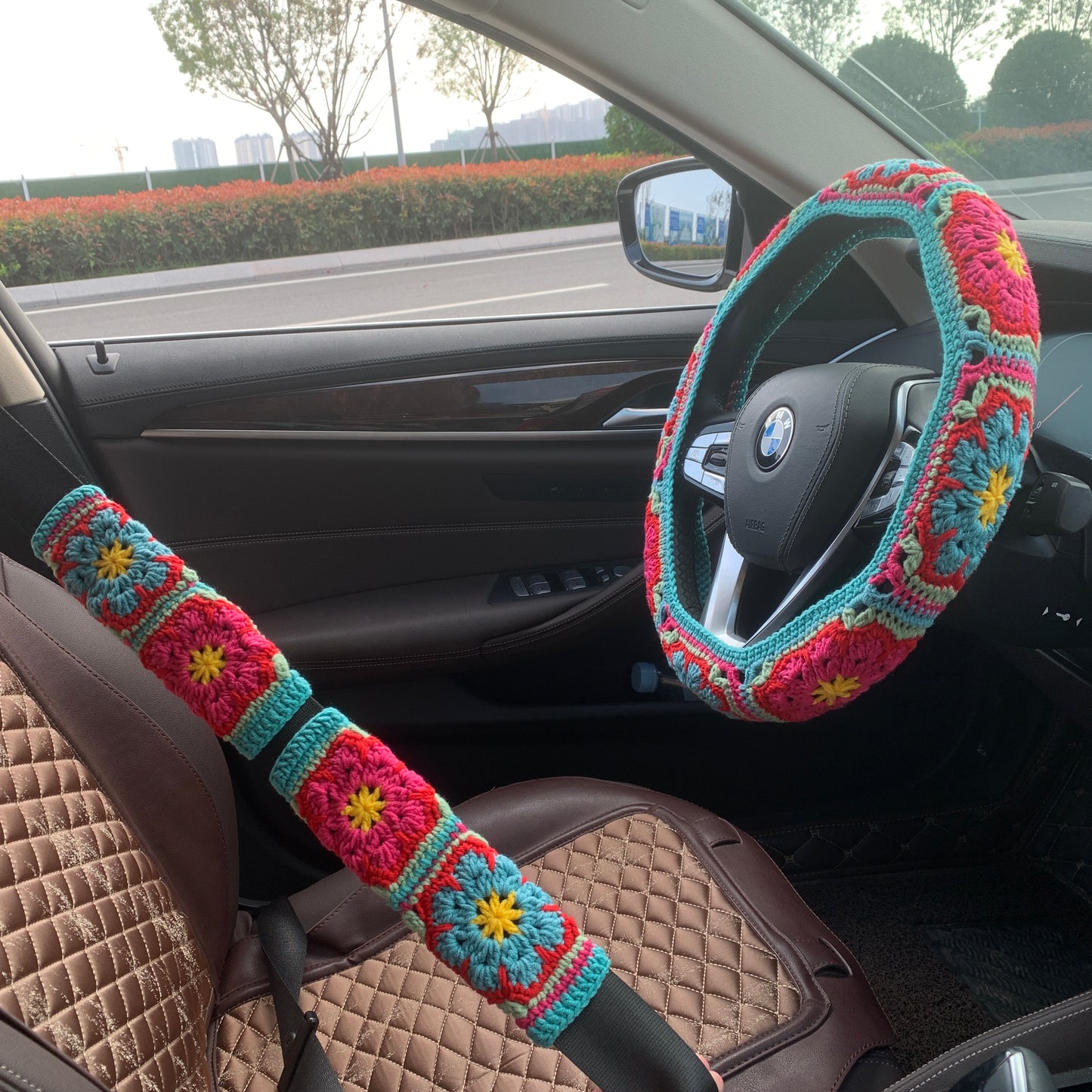 Crochet Steering Wheel Cover Sunflower seat belt Cover for women, Car Accessories decorations