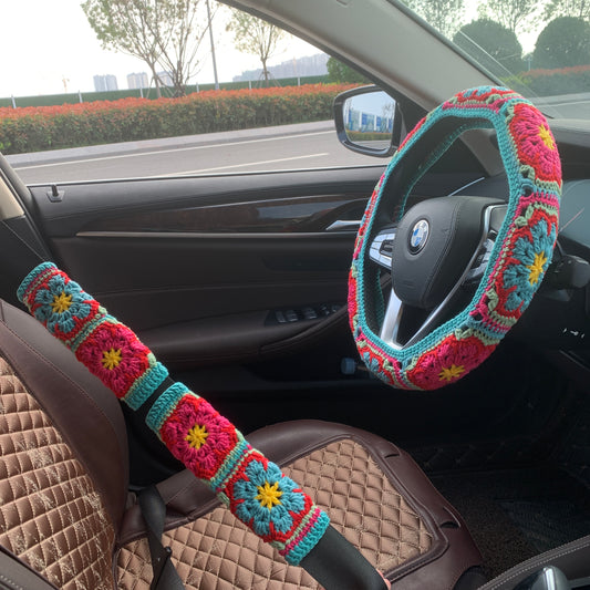 Crochet Steering Wheel Cover Sunflower seat belt Cover for women, Car Accessories decorations