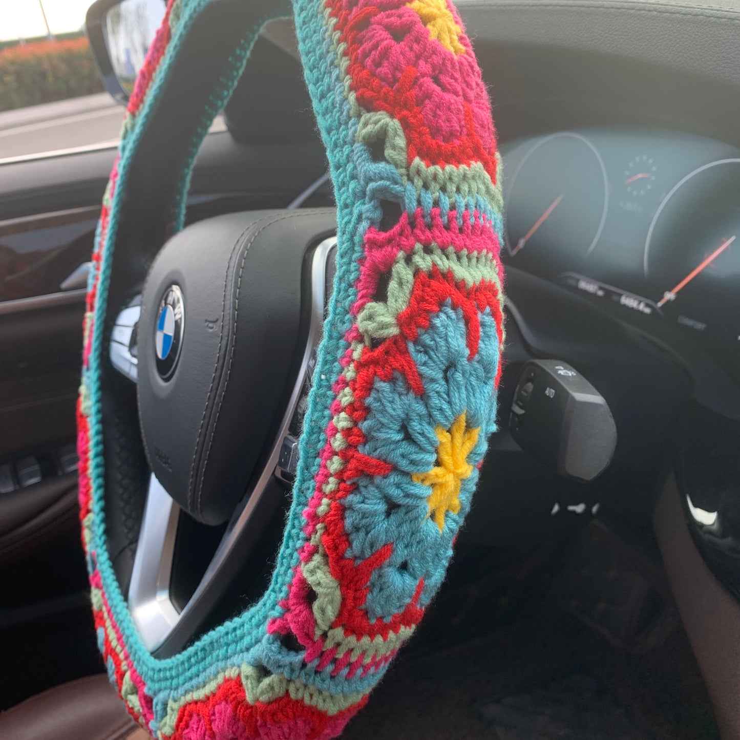 Crochet Steering Wheel Cover Sunflower seat belt Cover for women, Car Accessories decorations