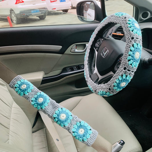 Crochet Steering Wheel Cover for women, cute daisy flower handmade seat belt Cover, Car interior Accessories decorations