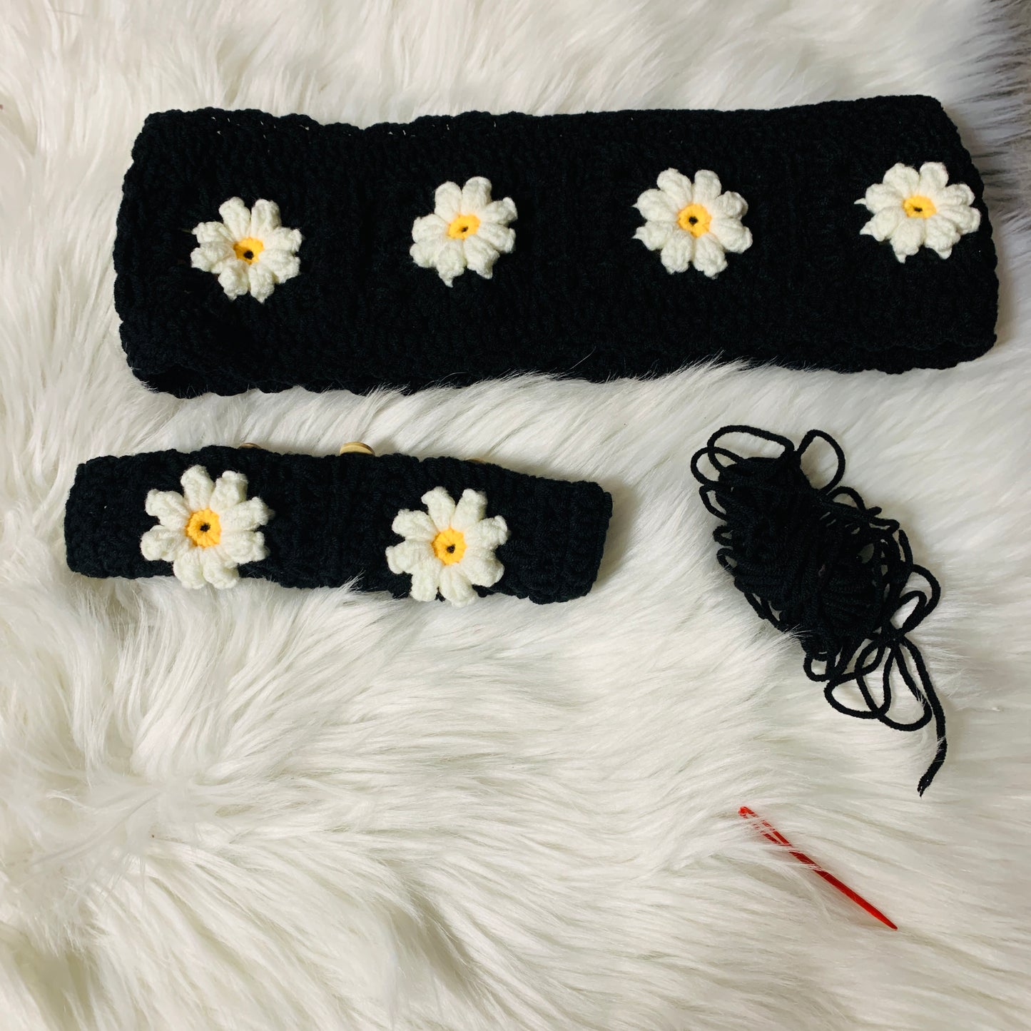 Handmade Crochet handmade Steering Wheel Cover for women, cute daisy flower seat belt Cover, kawaii Car interior Accessories decorations