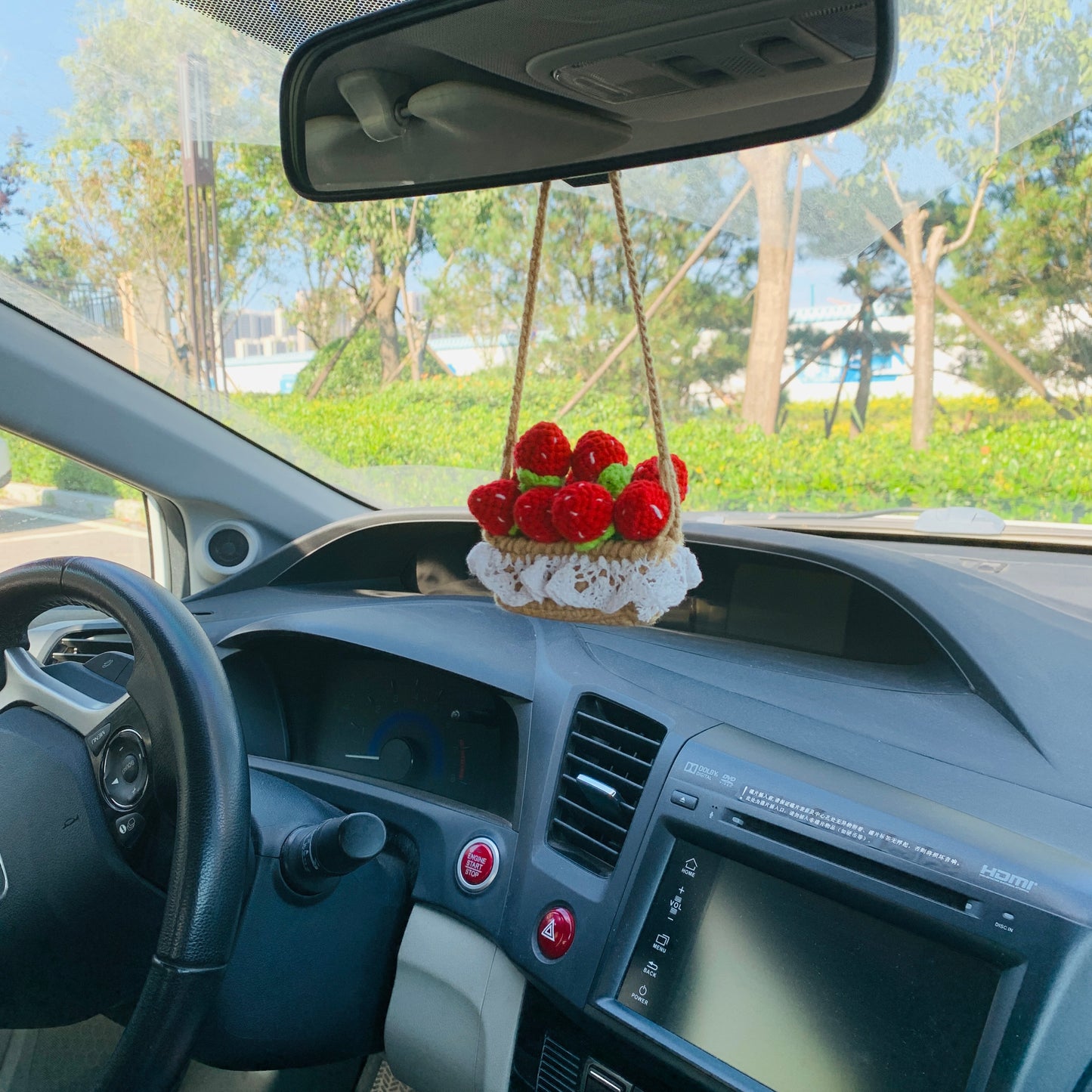 Cute Car Mirror Hanging mini strawberry flower Interior Rear View Mirror Flower Car Accessories Crochet gift for car