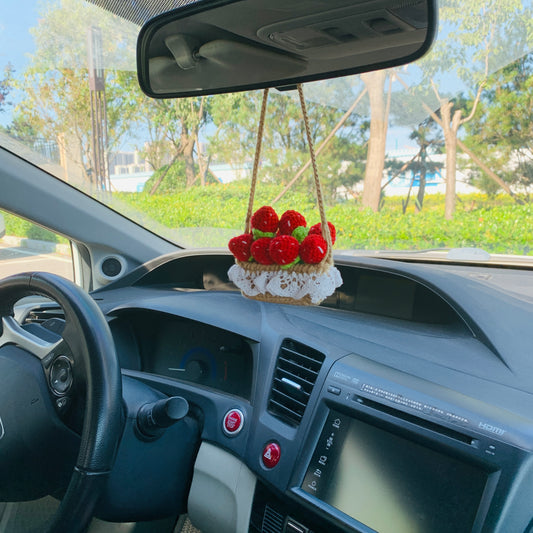 Cute Car Mirror Hanging mini strawberry flower Interior Rear View Mirror Flower Car Accessories Crochet gift for car