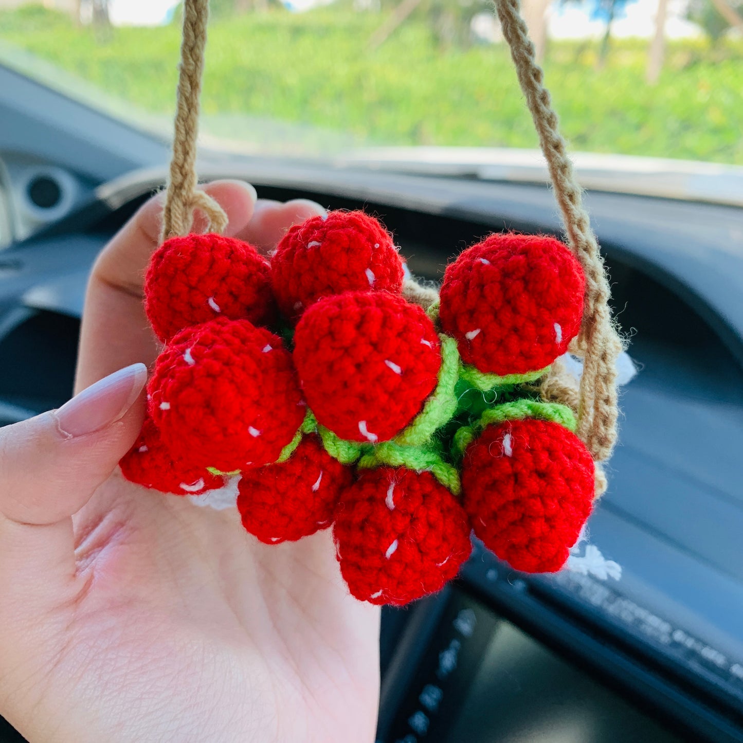 Cute Car Mirror Hanging mini strawberry flower Interior Rear View Mirror Flower Car Accessories Crochet gift for car