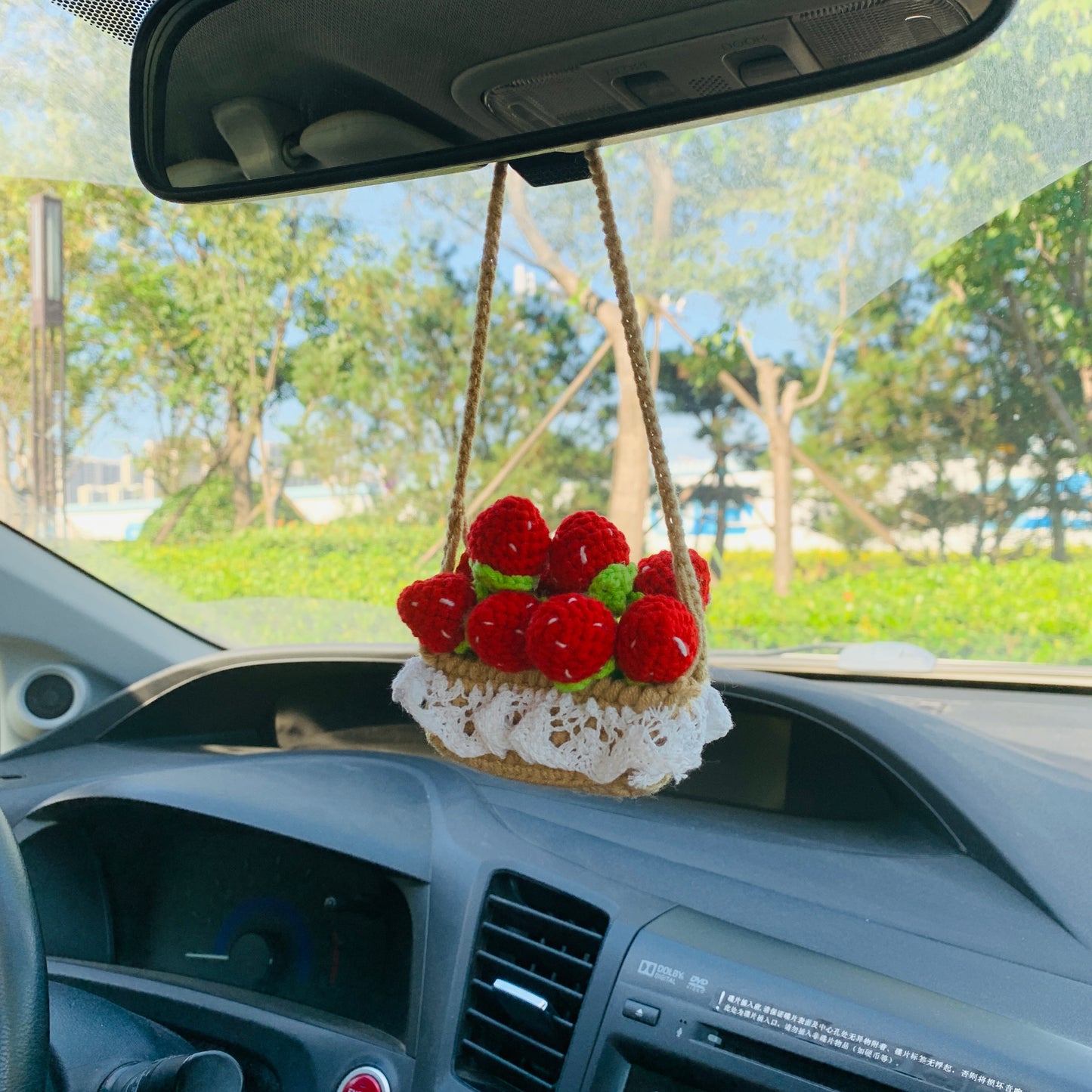 Cute Car Mirror Hanging mini strawberry flower Interior Rear View Mirror Flower Car Accessories Crochet gift for car