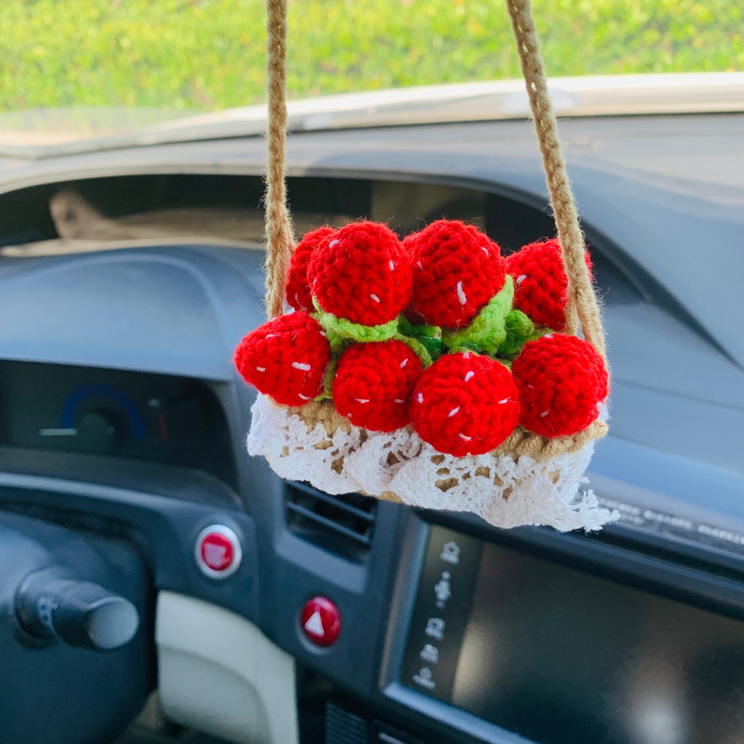 Cute Car Mirror Hanging mini strawberry flower Interior Rear View Mirror Flower Car Accessories Crochet gift for car