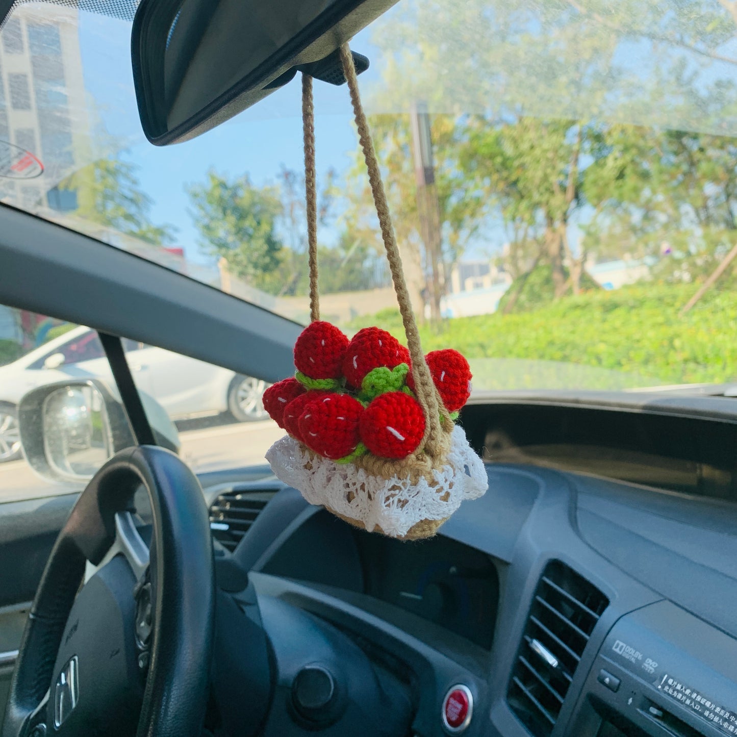 Cute Car Mirror Hanging mini strawberry flower Interior Rear View Mirror Flower Car Accessories Crochet gift for car