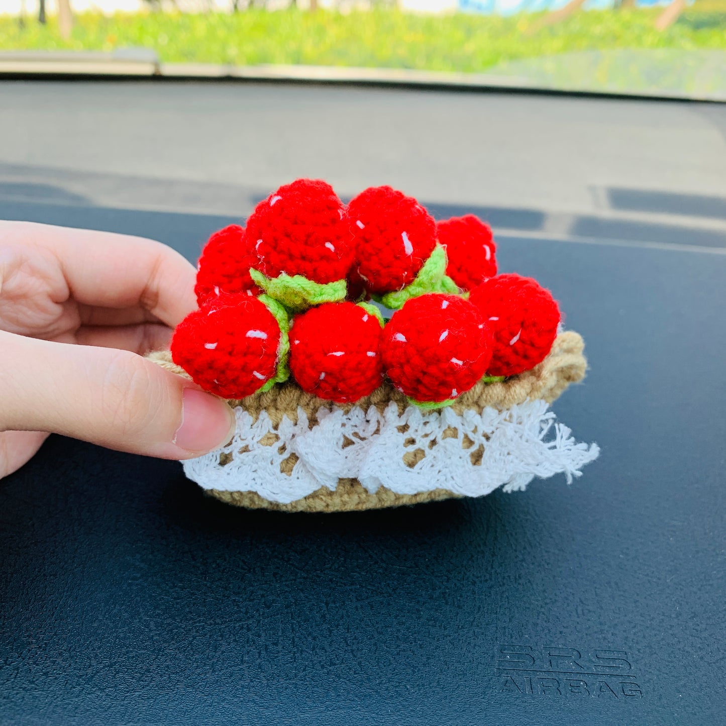 Cute Car Mirror Hanging mini strawberry flower Interior Rear View Mirror Flower Car Accessories Crochet gift for car