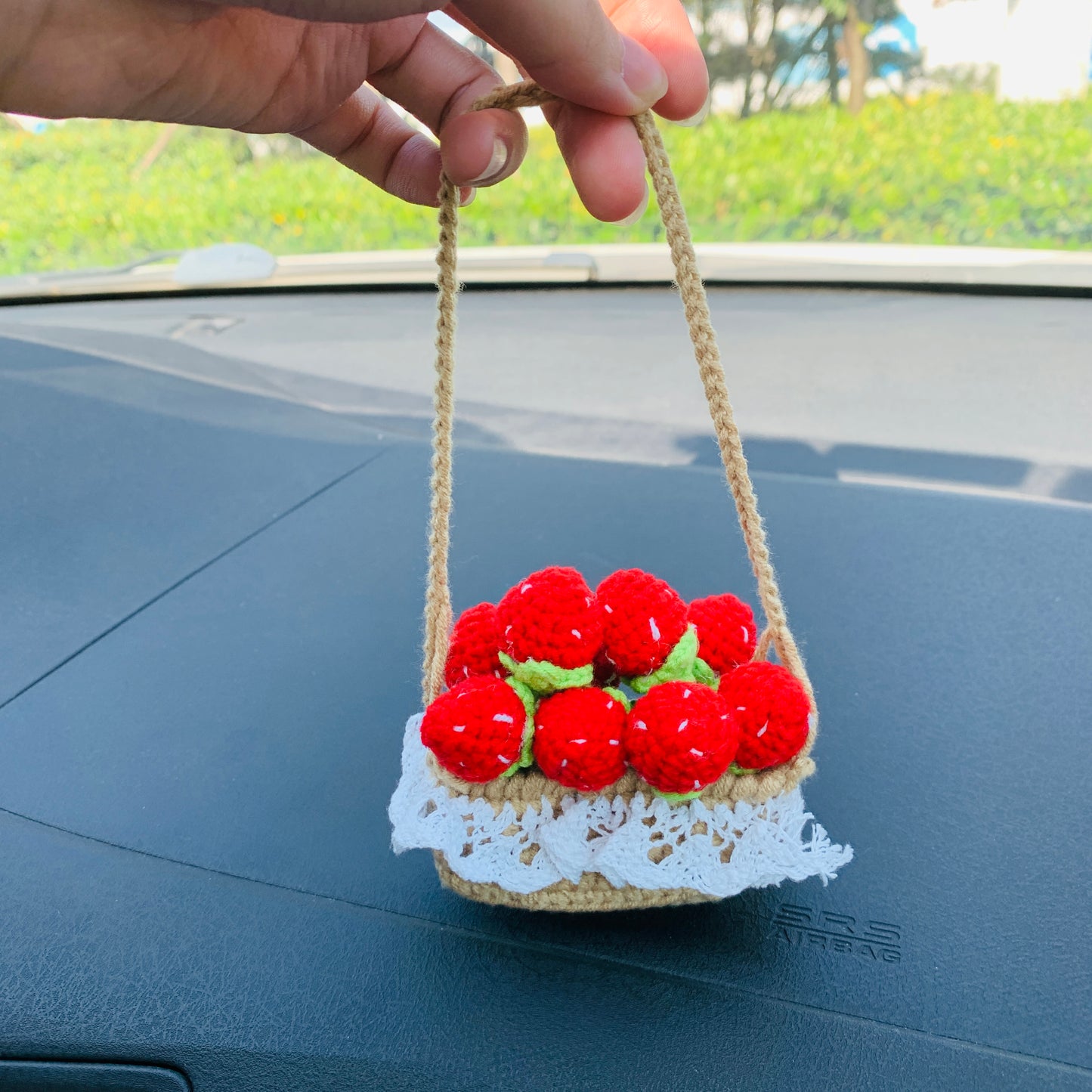 Cute Car Mirror Hanging mini strawberry flower Interior Rear View Mirror Flower Car Accessories Crochet gift for car