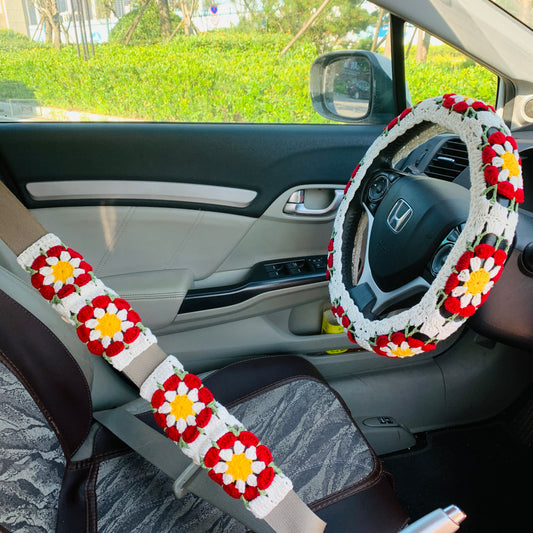 Crochet Steering Wheel Cover for women, handmade seat belt Cover, statement Gift car decor for her Car Accessories decorations