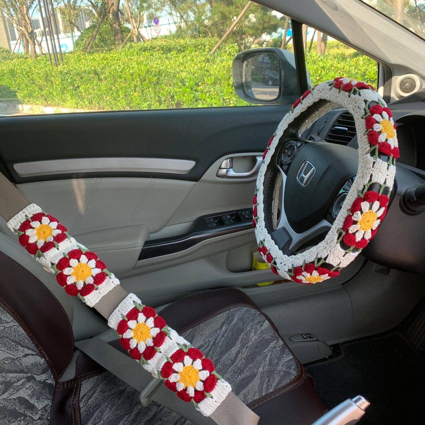 Crochet Steering Wheel Cover for women, handmade seat belt Cover, statement Gift car decor for her Car Accessories decorations