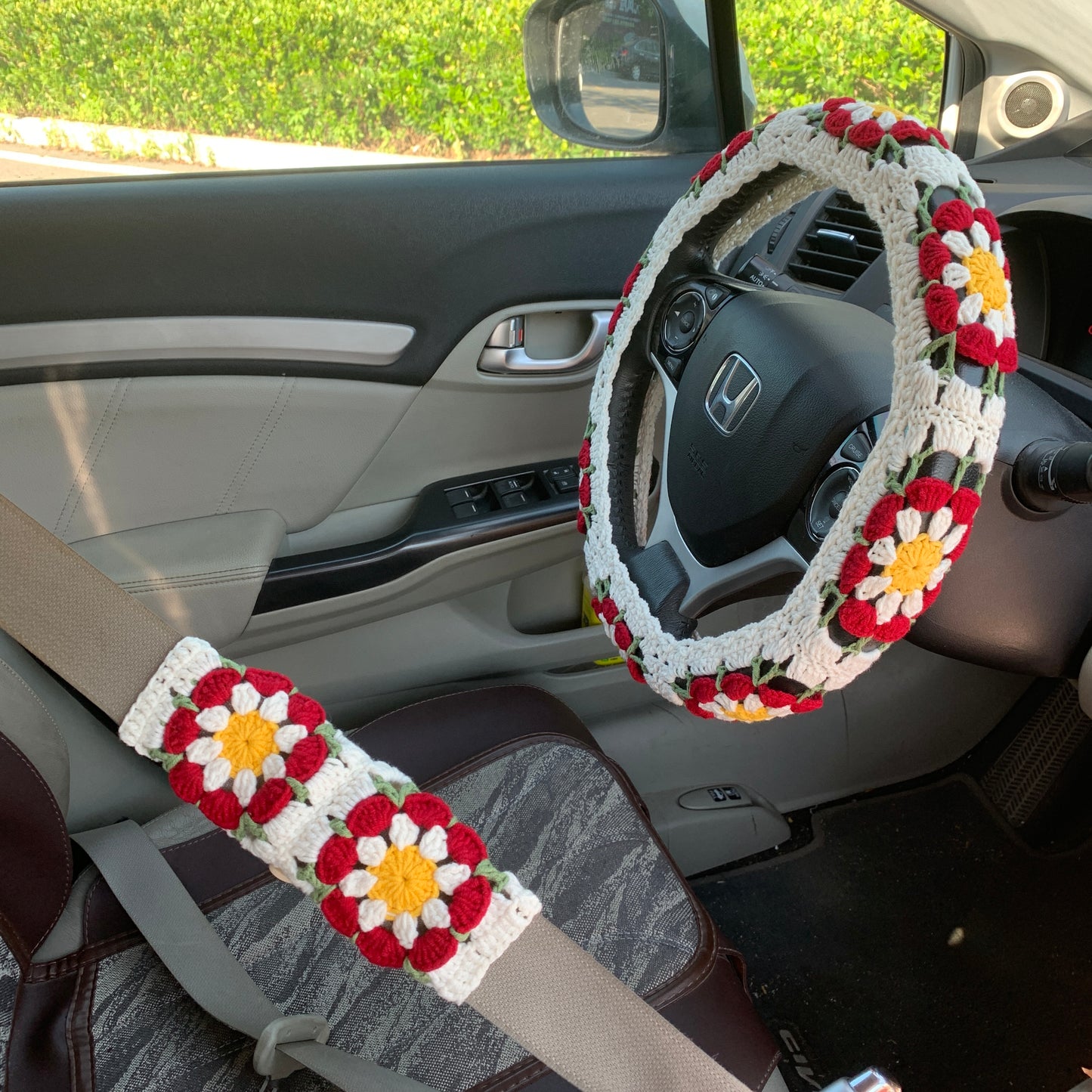 Crochet Steering Wheel Cover for women, handmade seat belt Cover, statement Gift car decor for her Car Accessories decorations