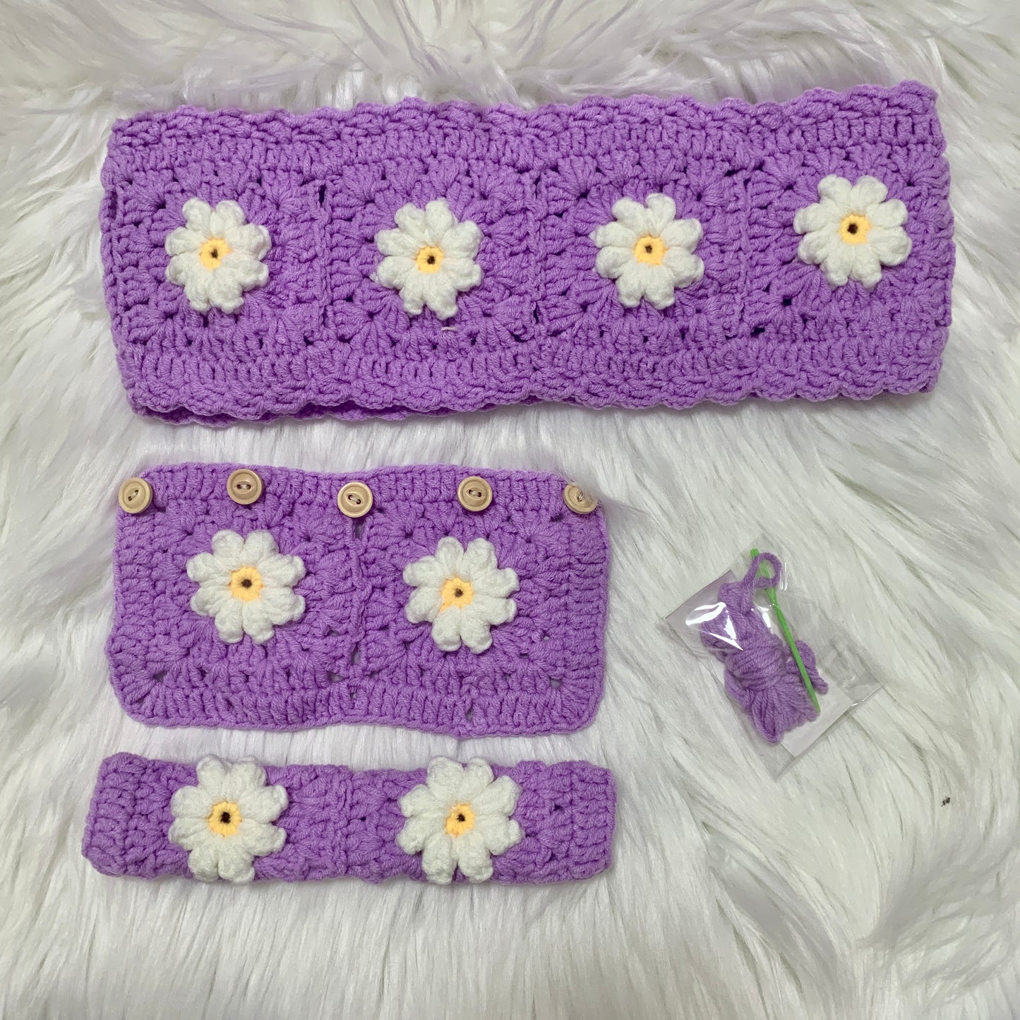 Steering Wheel Cover for women, Crochet Purple Puff flower seat belt Cover, Car Accessories decorations