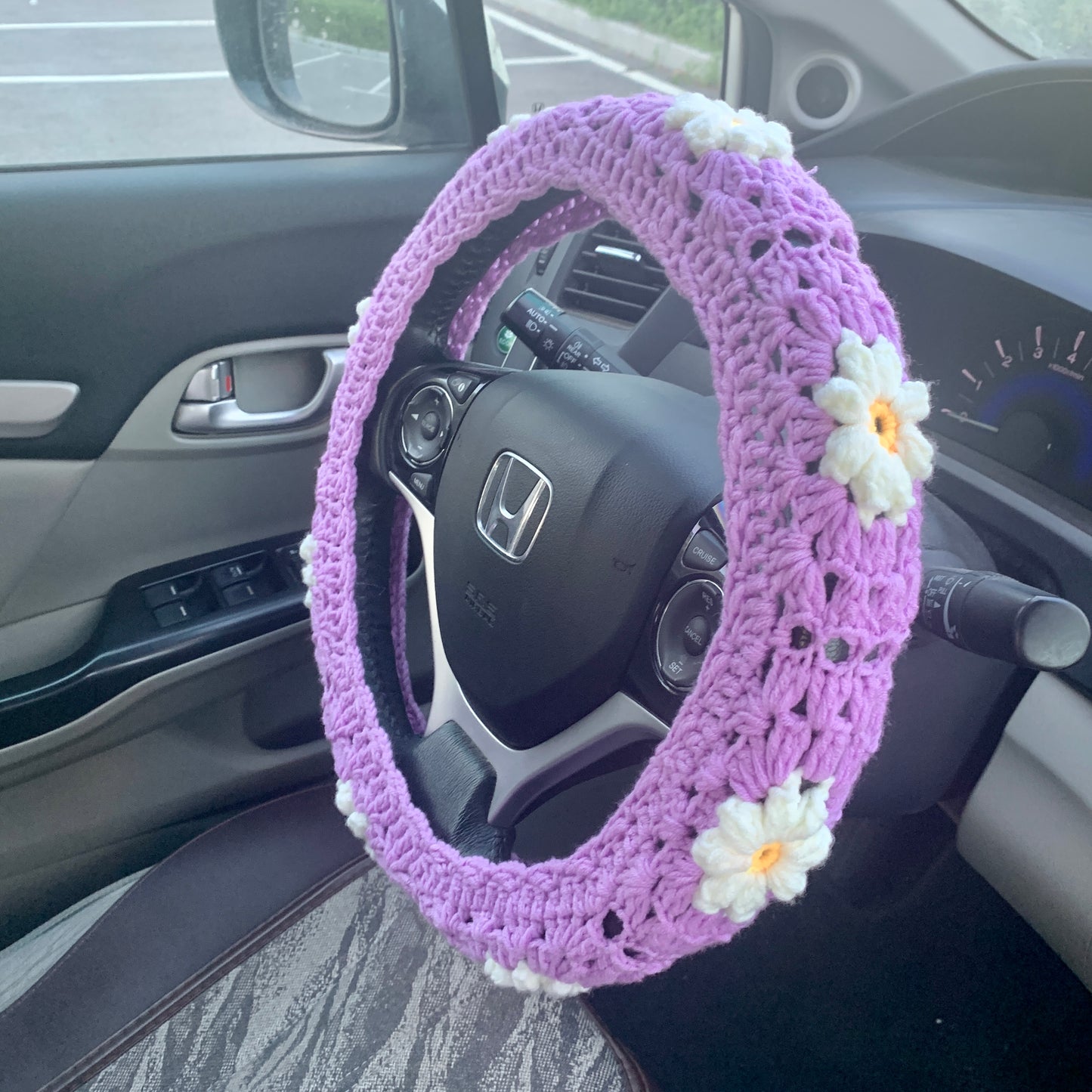 Steering Wheel Cover for women, Crochet Purple Puff flower seat belt Cover, Car Accessories decorations