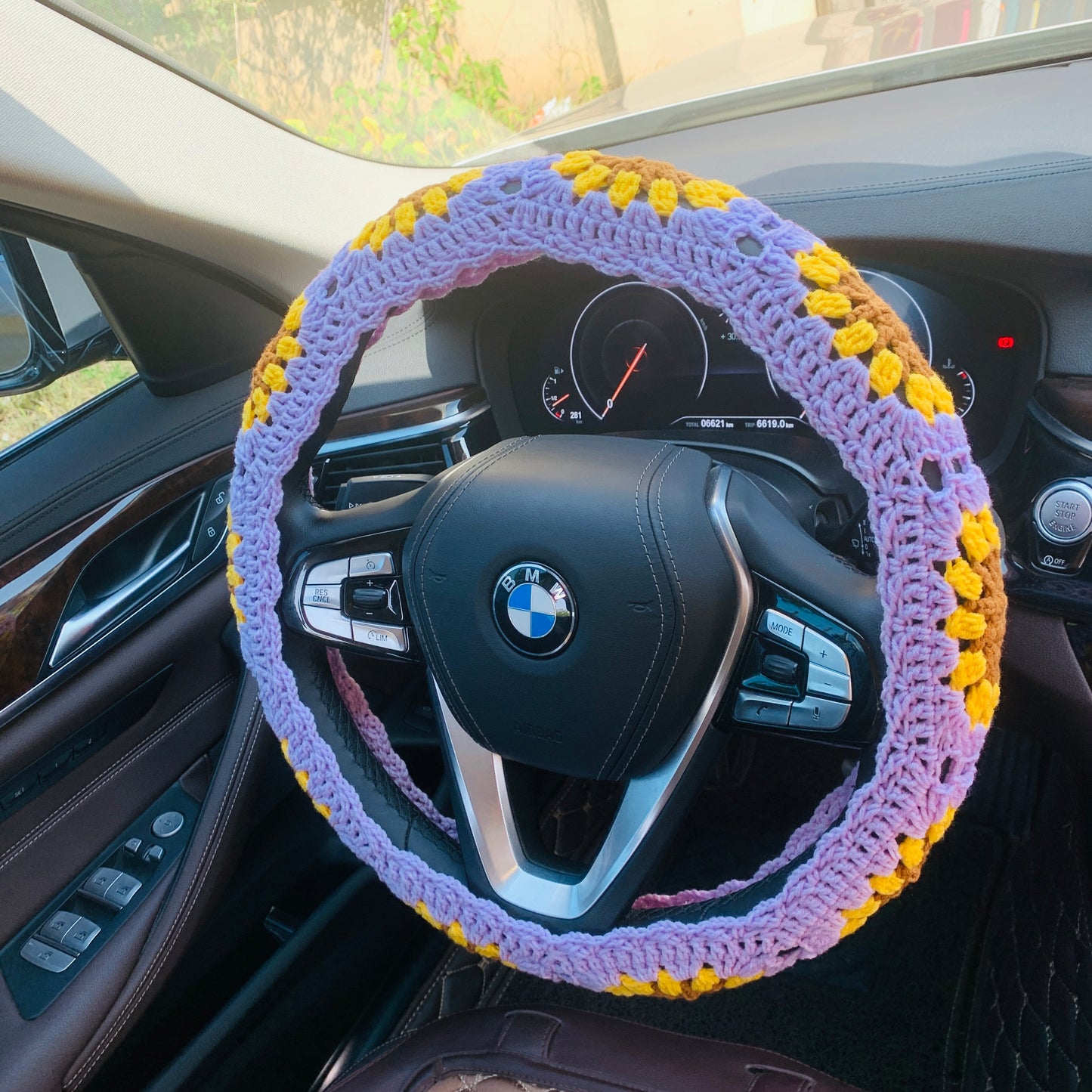 Steering Wheel Cover for women, Crochet Light Purple flower seat belt Cover, Car Accessories decorations