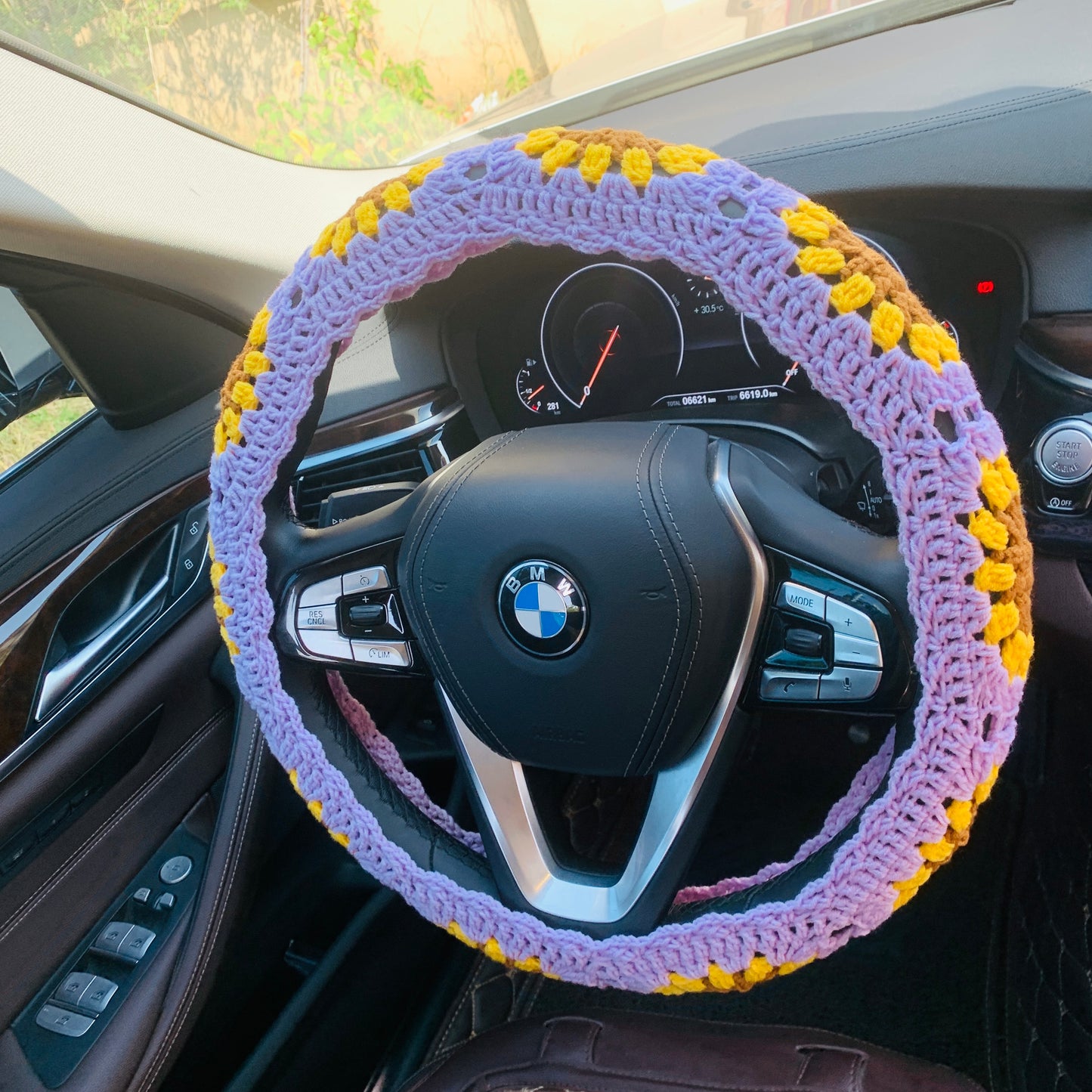 Steering Wheel Cover for women, Crochet Light Purple flower seat belt Cover, Car Accessories decorations