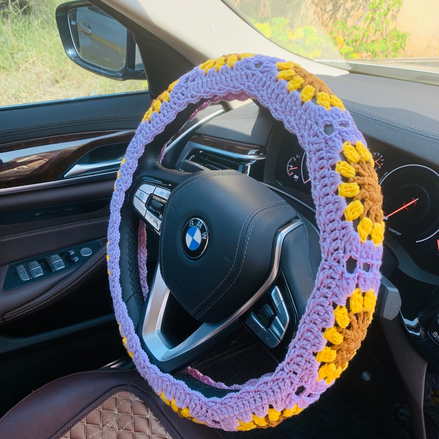 Steering Wheel Cover for women, Crochet Light Purple flower seat belt Cover, Car Accessories decorations