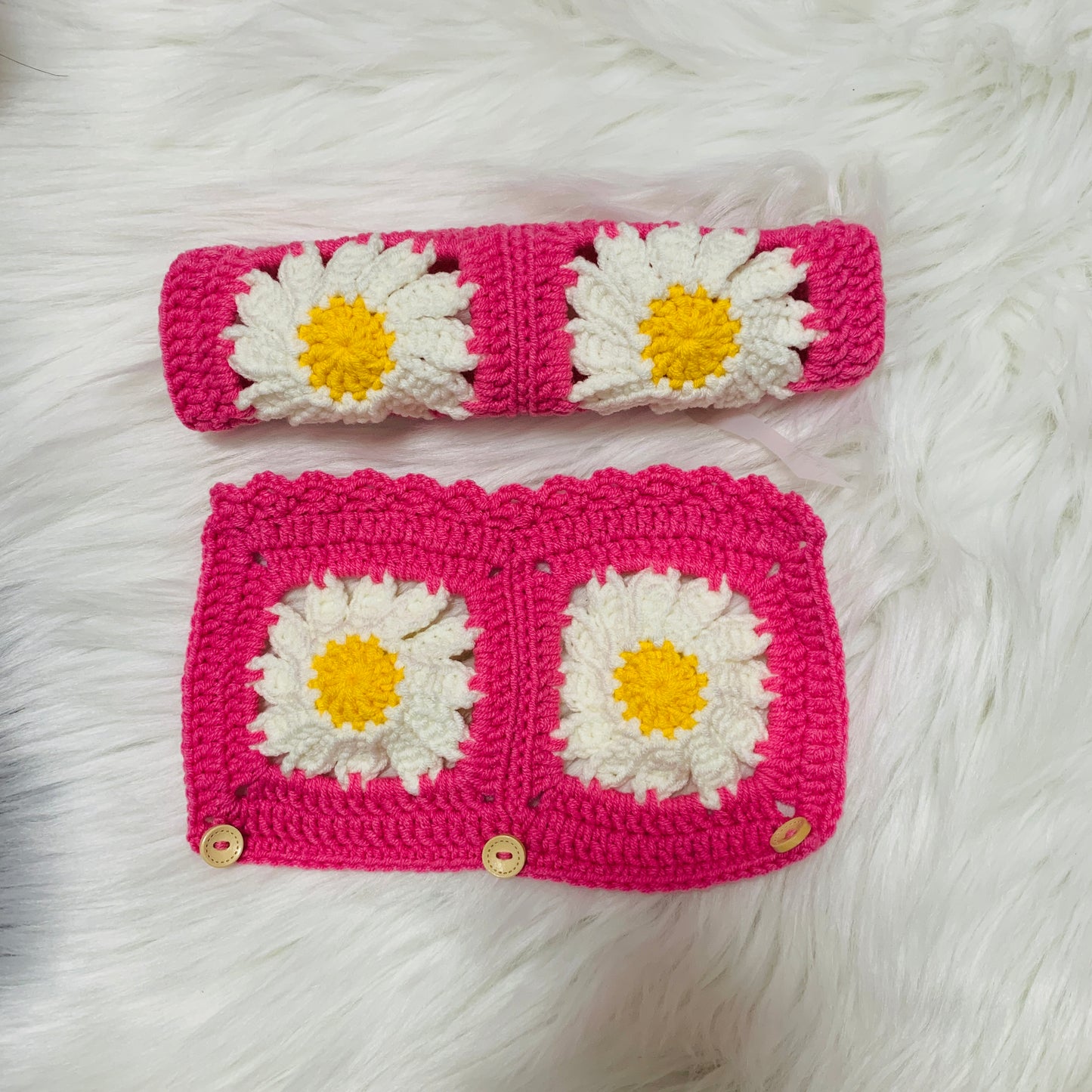 Steering Wheel Cover for women, Crochet Pink Daisy flower seat belt Cover, Car Accessories decorations