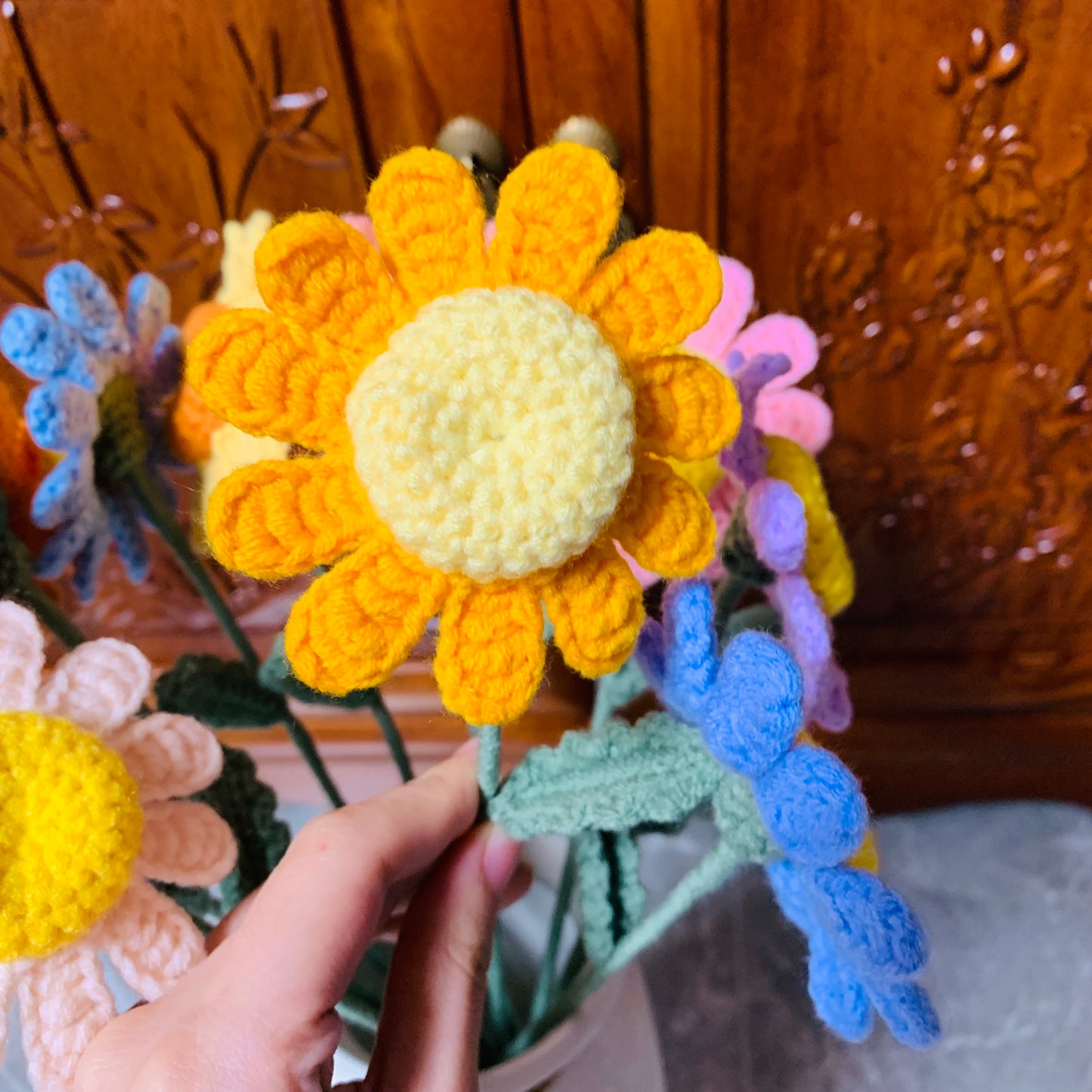 Crochet flowers colorful daisy flower Handmade knitted Flower Bouquet A bunch of flower Anniversary Home Decor Valentine's Gift for her