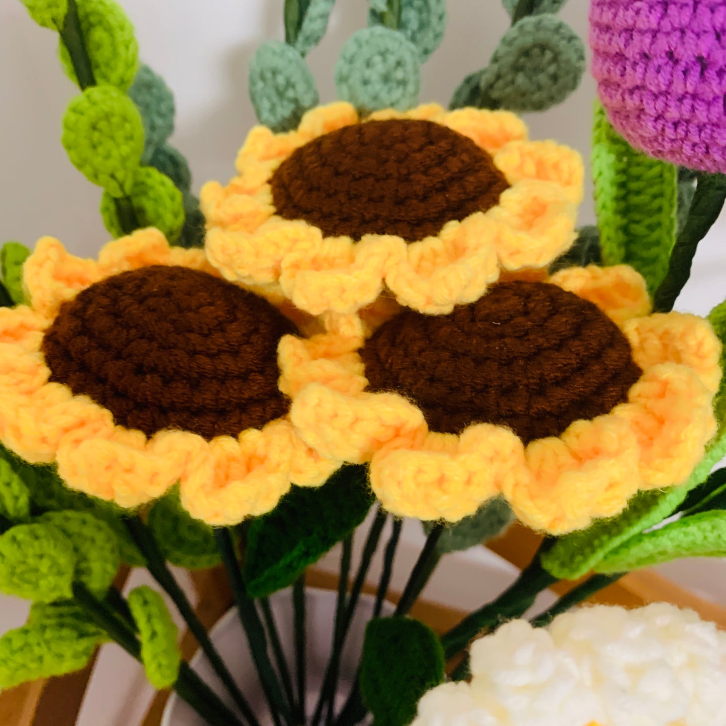 Crochet flowers,  Lavender Eucalyptus tulips sunflower daisy flower ornaments,  A bunch of flower Anniversary bouquet Gift for her