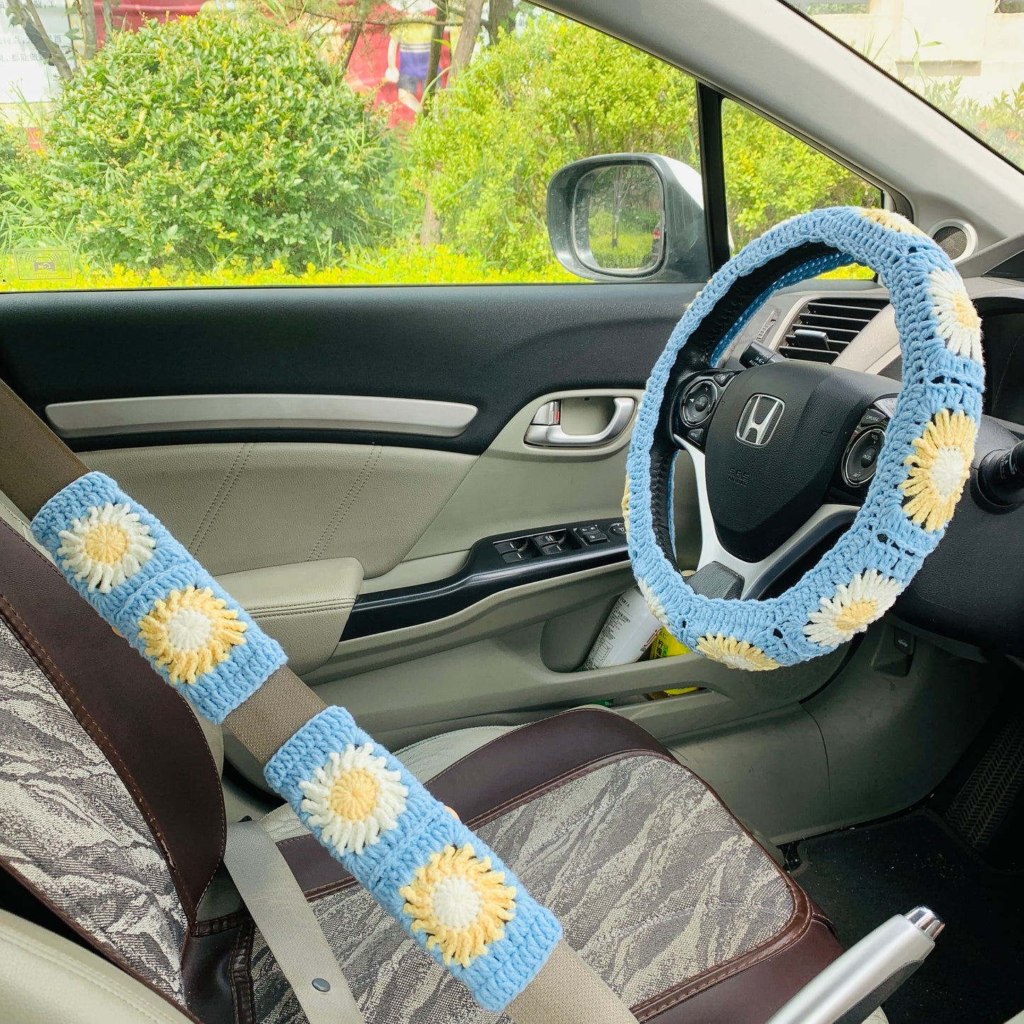 Steering Wheel Cover for women, Crochet Blue flower seat belt Cover, Car Accessories decorations