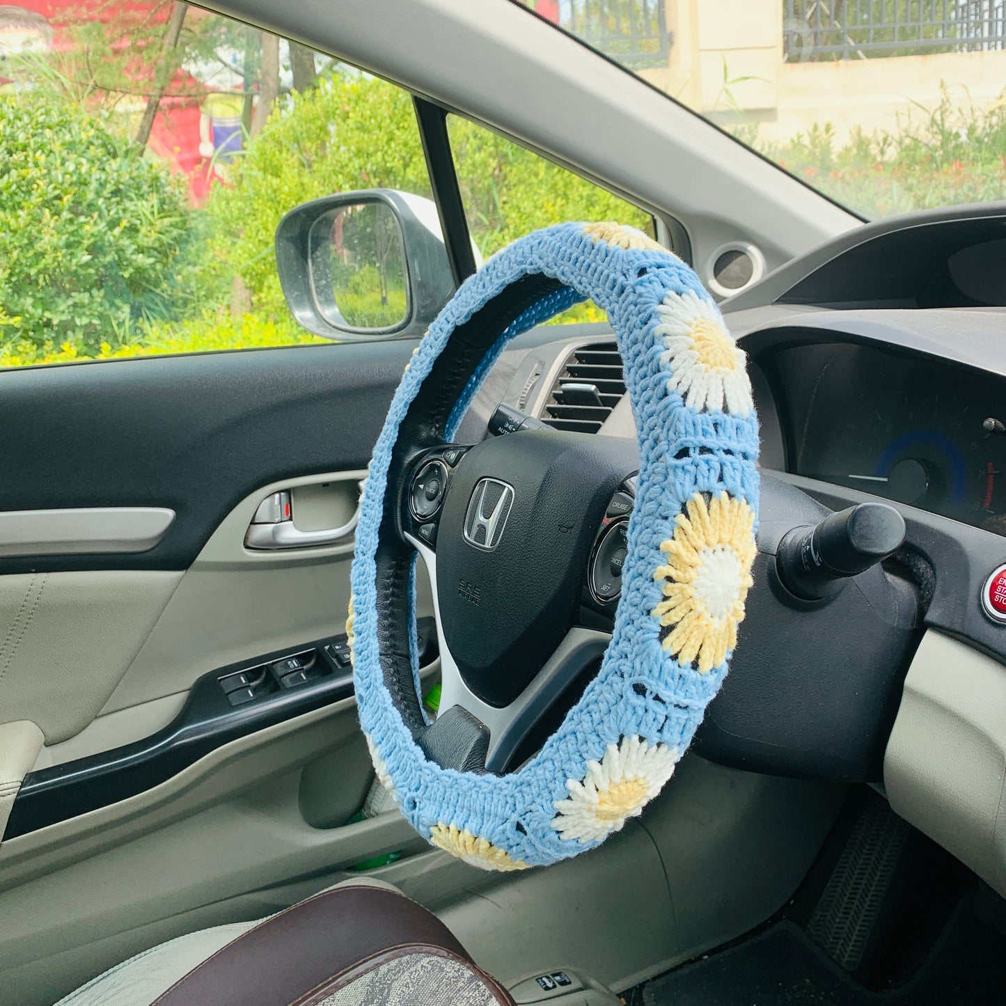 Steering Wheel Cover for women, Crochet Blue flower seat belt Cover, Car Accessories decorations