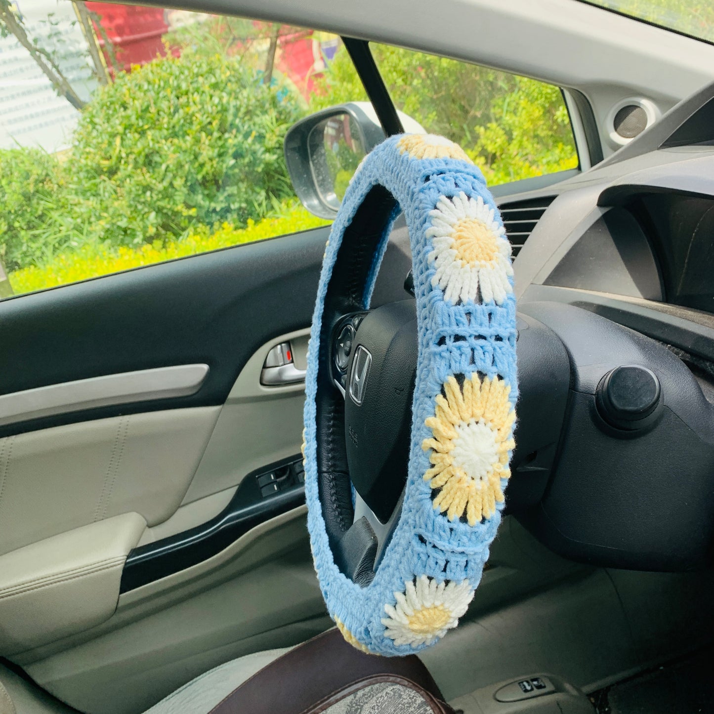 Steering Wheel Cover for women, Crochet Blue flower seat belt Cover, Car Accessories decorations