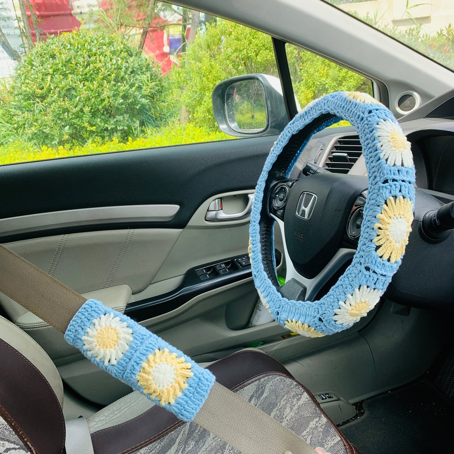 Steering Wheel Cover for women, Crochet Blue flower seat belt Cover, Car Accessories decorations