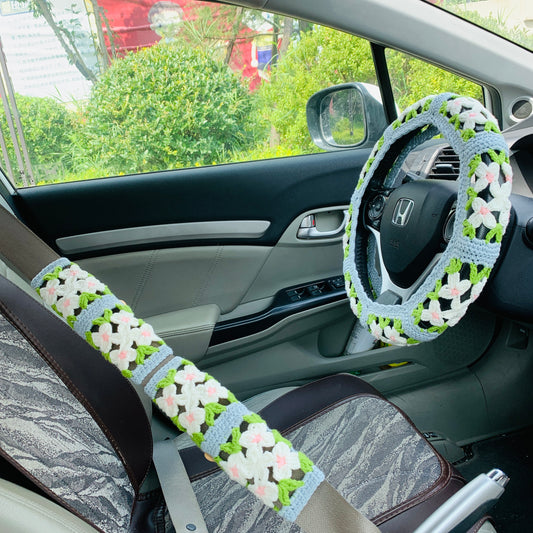 Handmade crochet Steering Wheel Cover for women, Cute  flower seat belt Cover, Car interior Accessories decorations