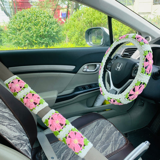 Handmade crochet Steering Wheel Cover for women, Cute pink flower seat belt Cover, Car interior Accessories decorations