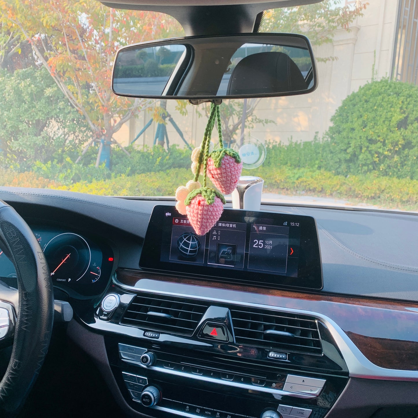 2 pcs Cute Strawberry Flower Car Accessories Mirror Hanging Charm Fruit Decor Teens Interior Rear View Mirror for Women