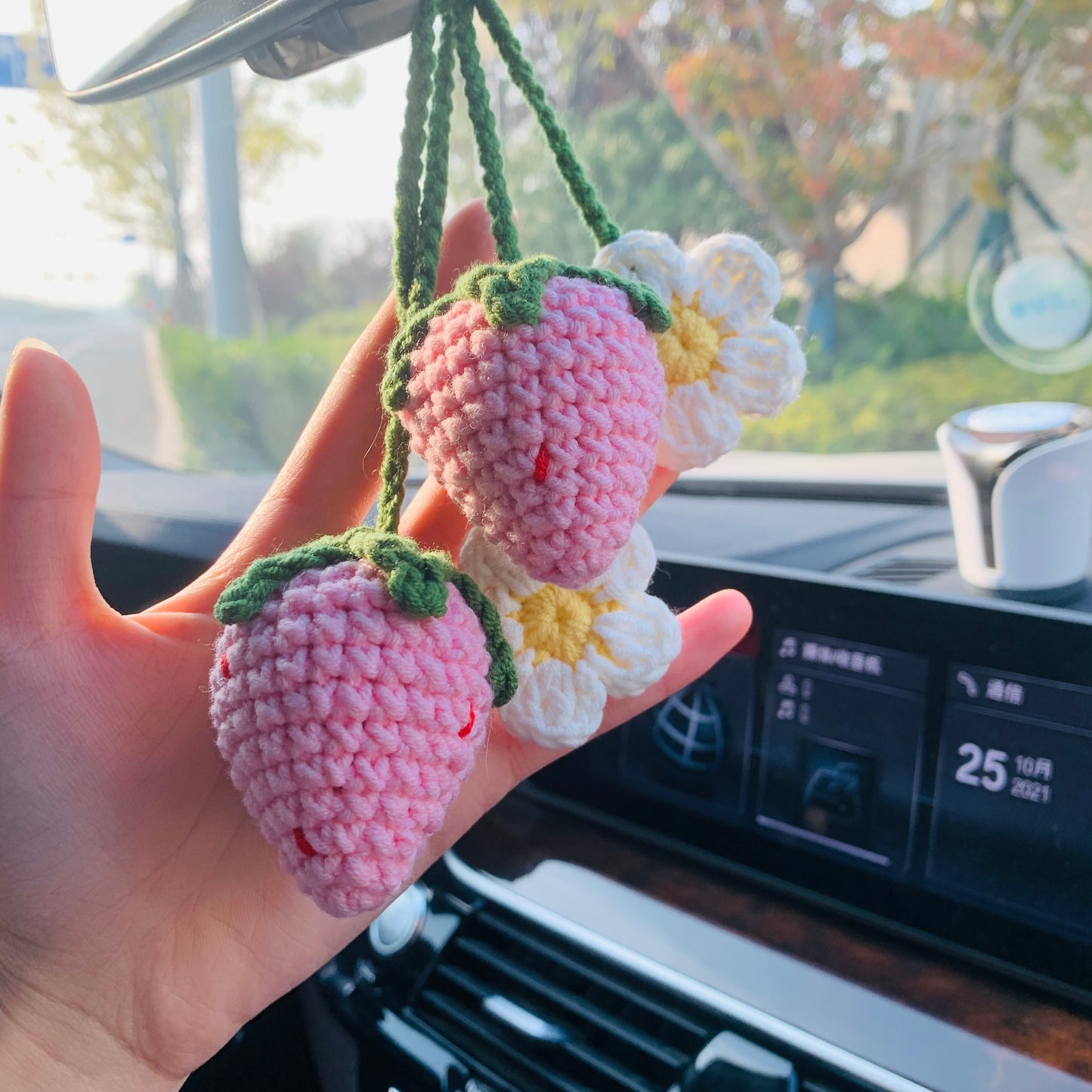 2 pcs Cute Strawberry Flower Car Accessories Mirror Hanging Charm Fruit Decor Teens Interior Rear View Mirror for Women