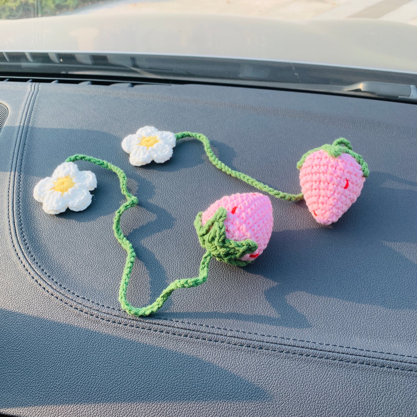 2 pcs Cute Strawberry Flower Car Accessories Mirror Hanging Charm Fruit Decor Teens Interior Rear View Mirror for Women