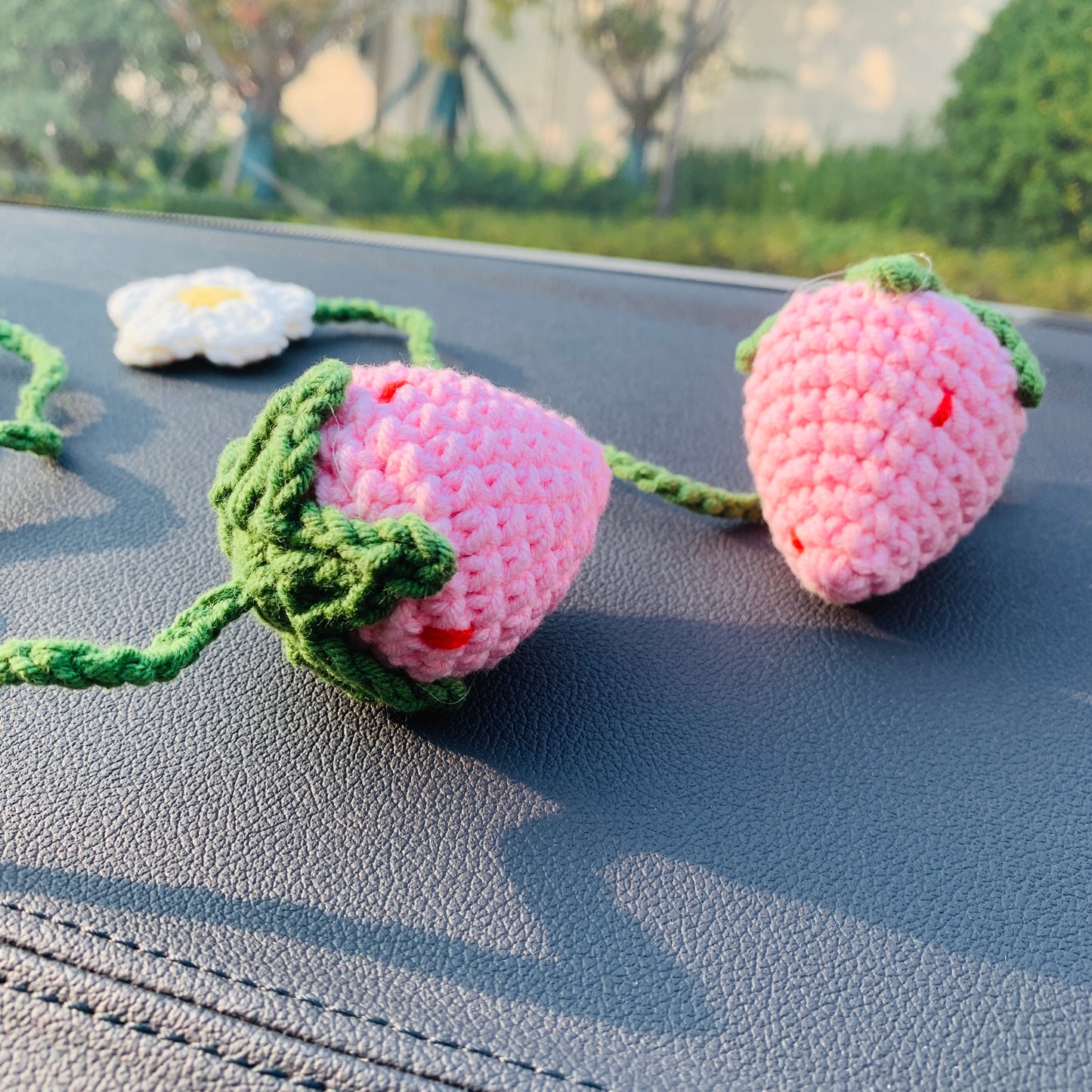 2 pcs Cute Strawberry Flower Car Accessories Mirror Hanging Charm Fruit Decor Teens Interior Rear View Mirror for Women