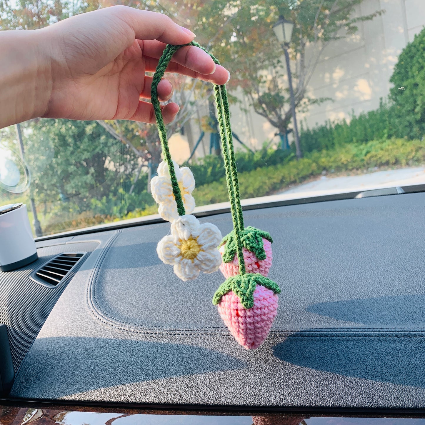 2 pcs Cute Strawberry Flower Car Accessories Mirror Hanging Charm Fruit Decor Teens Interior Rear View Mirror for Women