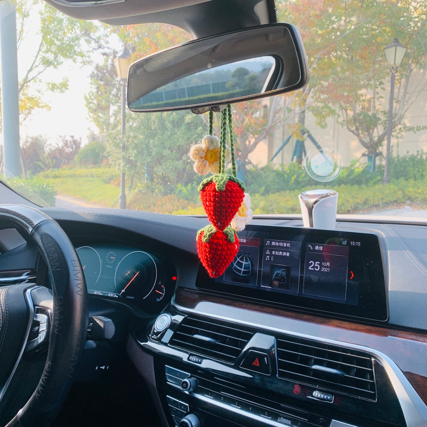 2 pcs Cute Strawberry Flower Car Accessories Mirror Hanging Charm Fruit Decor Teens Interior Rear View Mirror for Women