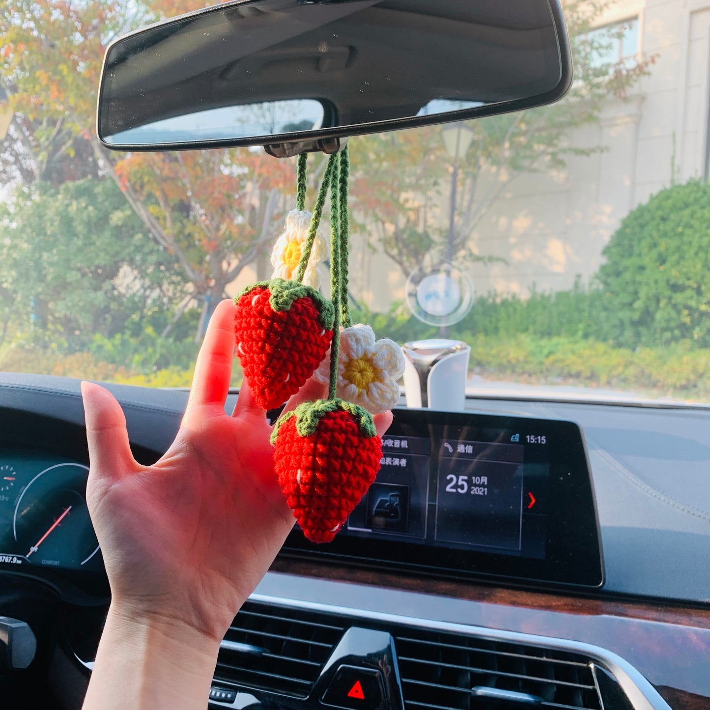 2 pcs Cute Strawberry Flower Car Accessories Mirror Hanging Charm Fruit Decor Teens Interior Rear View Mirror for Women