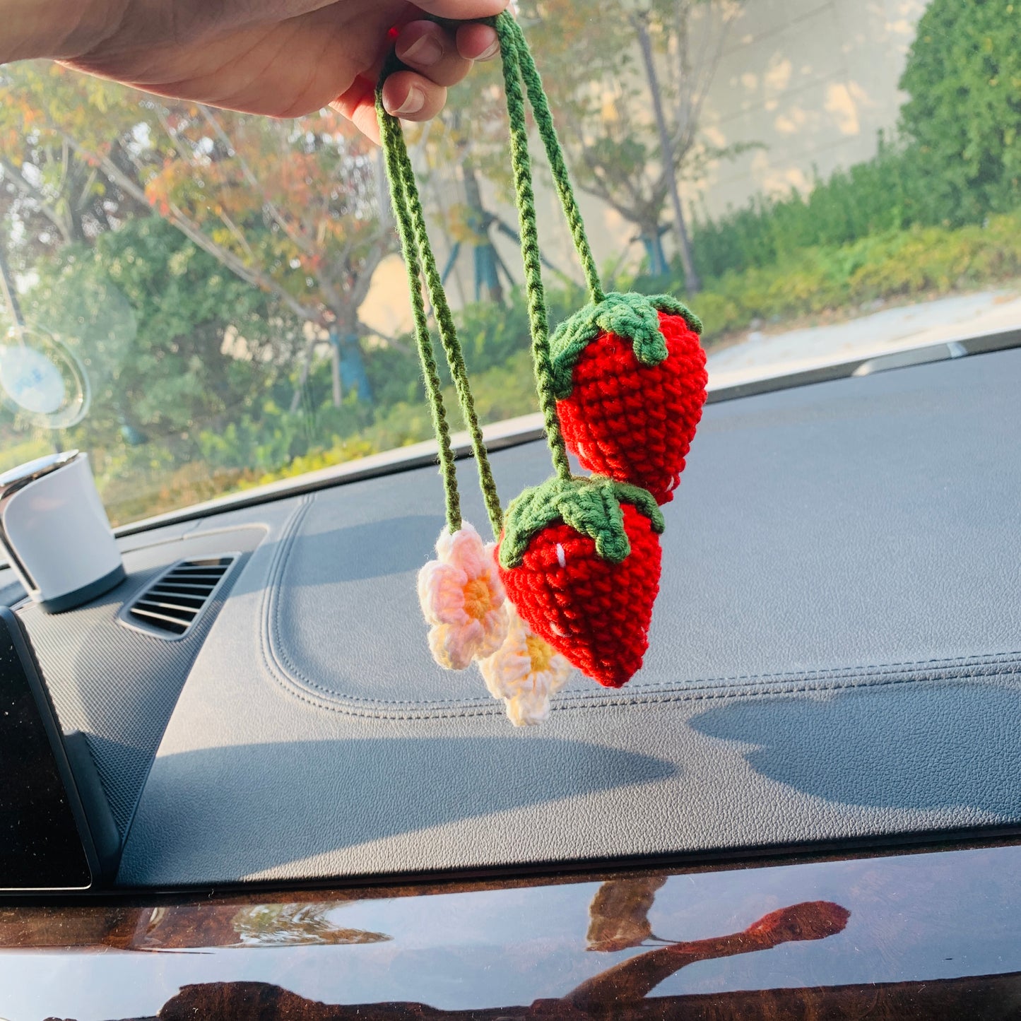 2 pcs Cute Strawberry Flower Car Accessories Mirror Hanging Charm Fruit Decor Teens Interior Rear View Mirror for Women