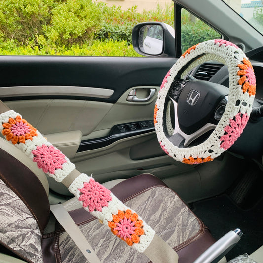 Steering Wheel Cover for women, Crochet cute flower seat belt Cover, Car Accessories decorations