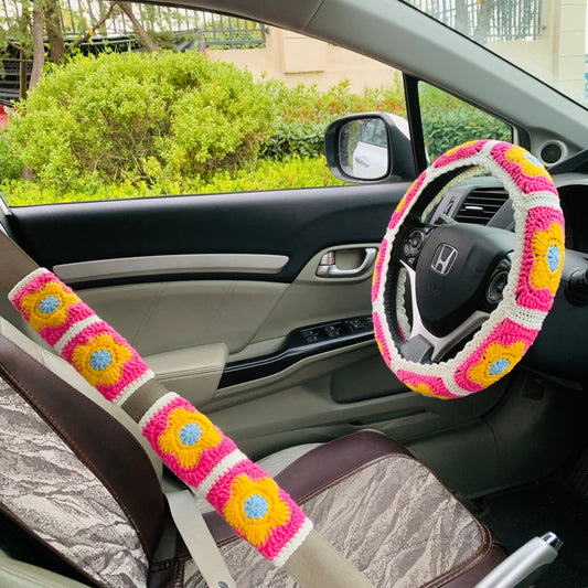 Steering Wheel Cover for women, Crochet Pink flower seat belt Cover, Car Accessories decorations