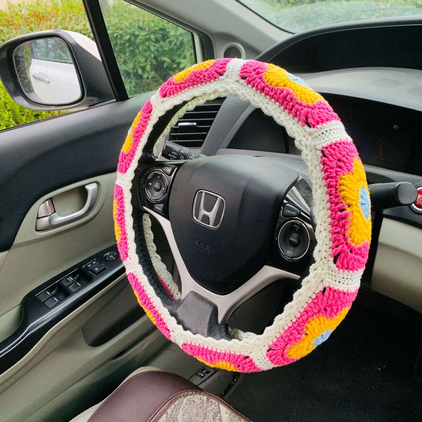 Steering Wheel Cover for women, Crochet Pink flower seat belt Cover, Car Accessories decorations