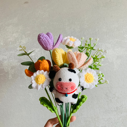 Crochet flowers, Cow Tulip Daisy flower ornaments, cute A bunch of flower Anniversary bouquet Gift for her