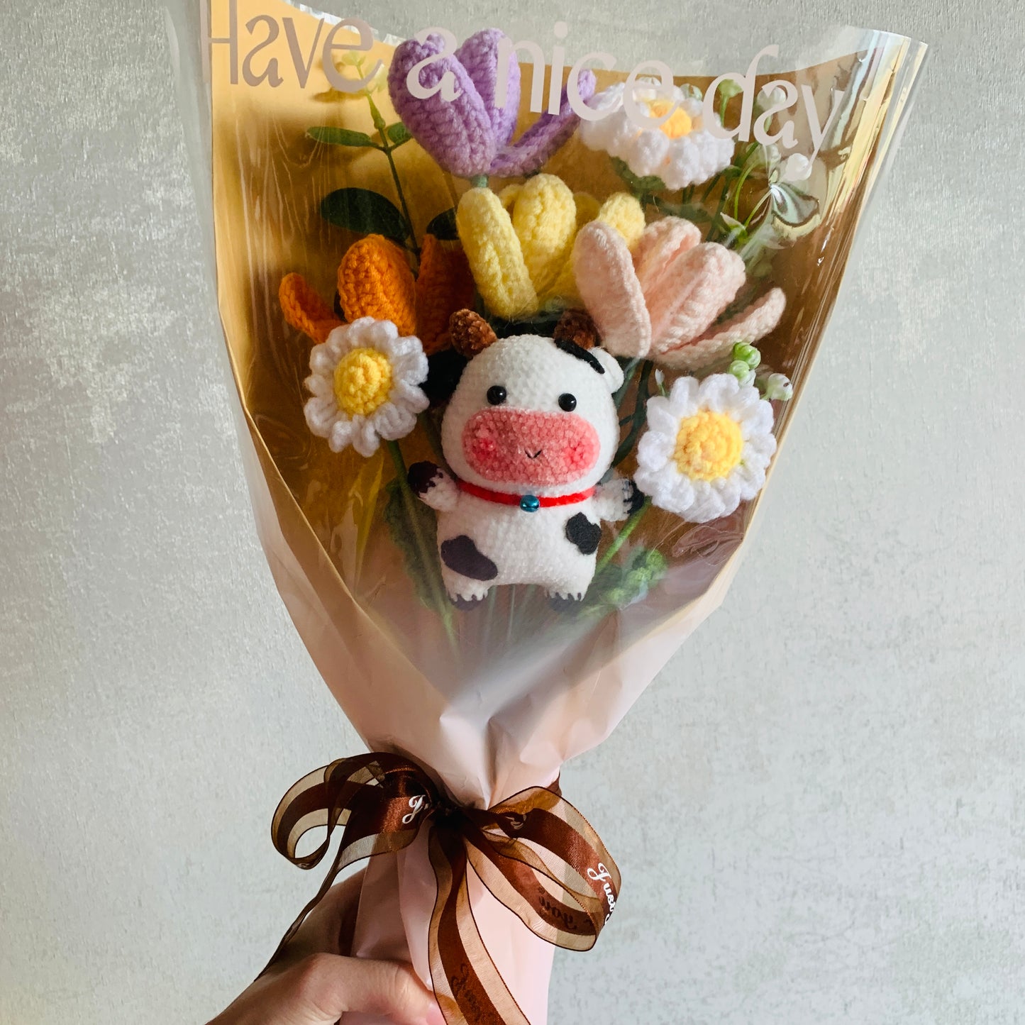 Crochet flowers, Cow Tulip Daisy flower ornaments, cute A bunch of flower Anniversary bouquet Gift for her