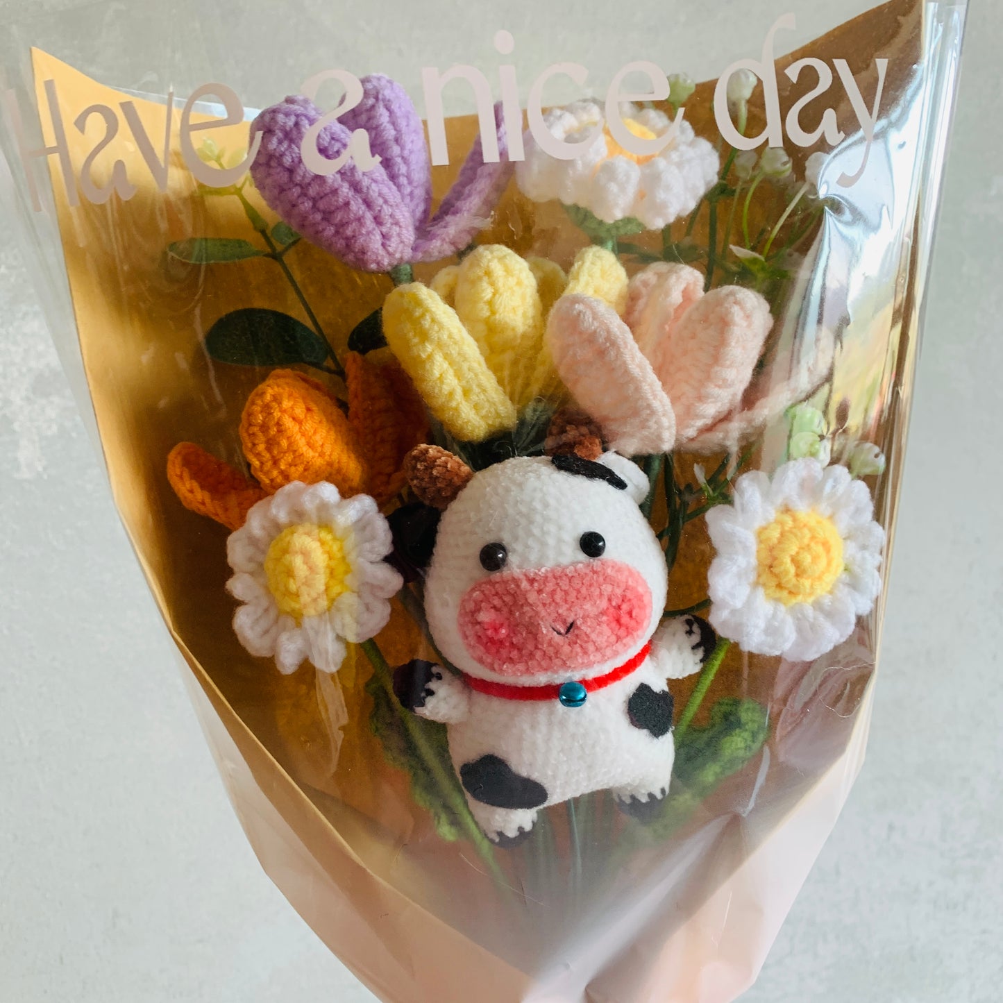 Crochet flowers, Cow Tulip Daisy flower ornaments, cute A bunch of flower Anniversary bouquet Gift for her