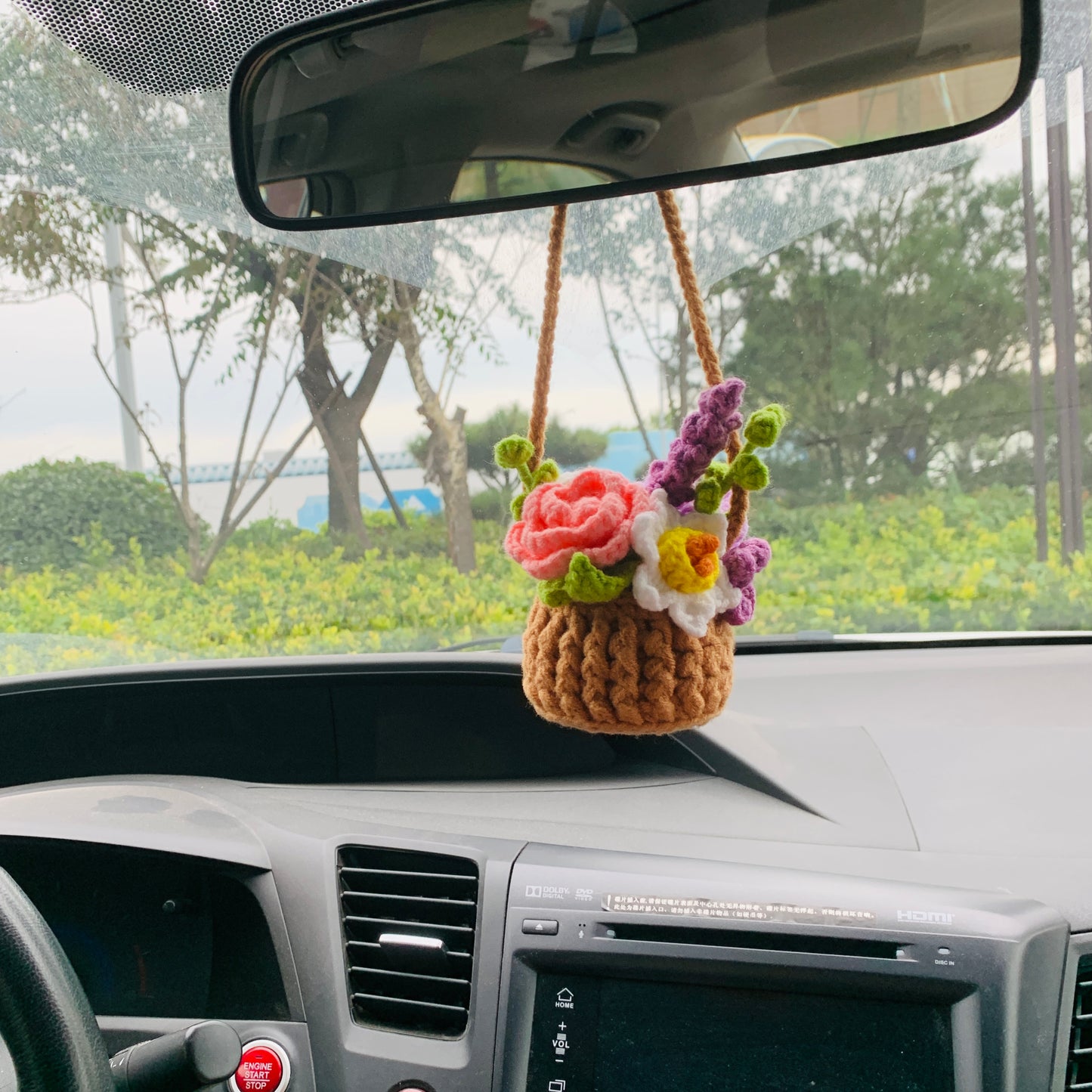 Cute flower basket kawaii Flower rose lavender Car Mirror Hanging Charm Decor Teens Interior Rear View Mirror car Accessories for Women