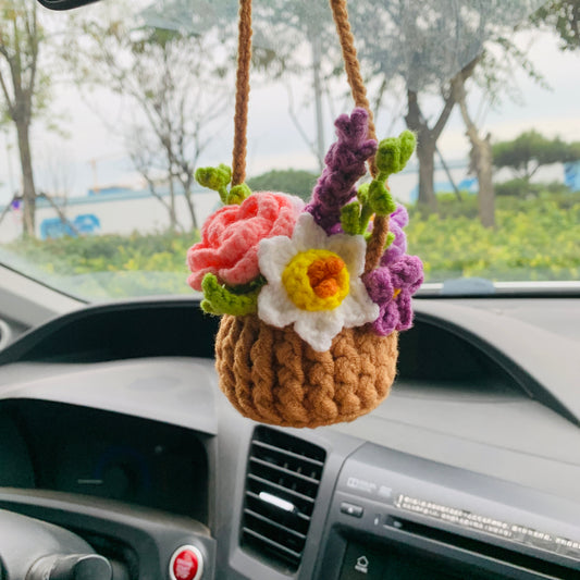 Cute flower basket kawaii Flower rose lavender Car Mirror Hanging Charm Decor Teens Interior Rear View Mirror car Accessories for Women