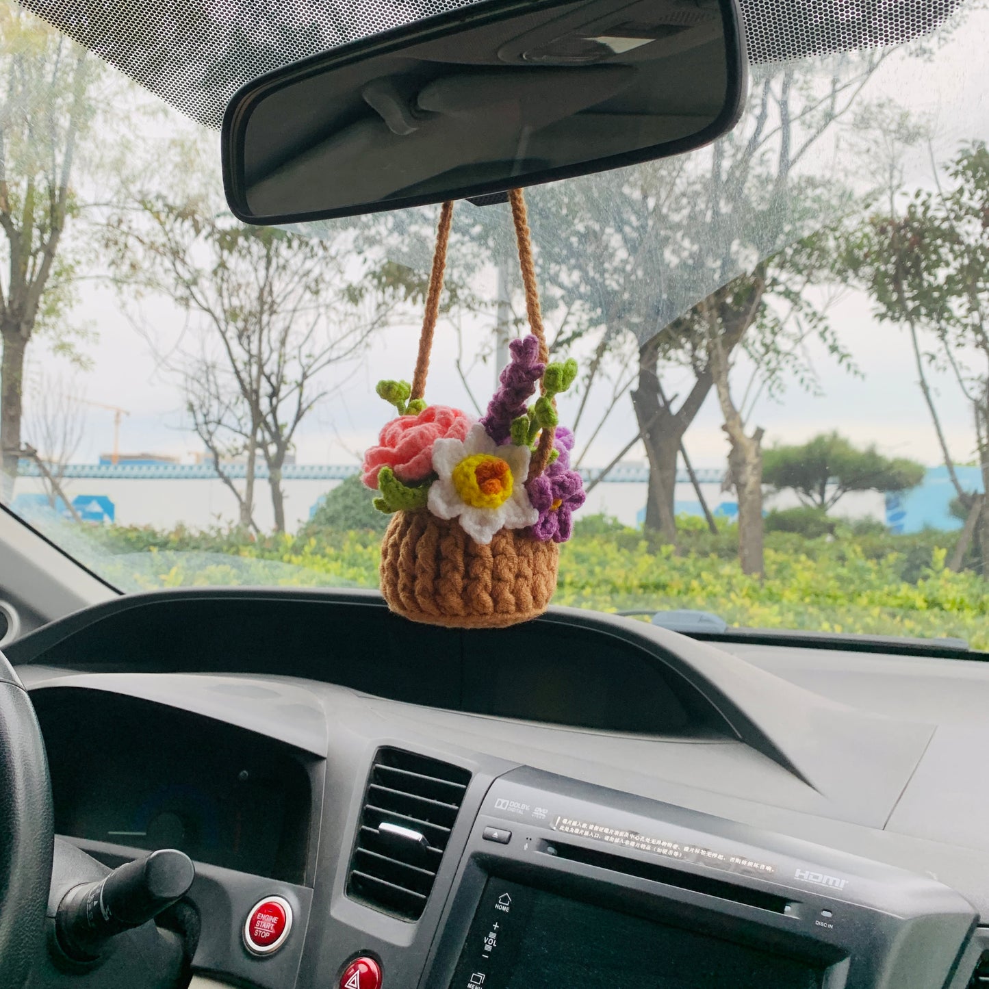 Cute flower basket kawaii Flower rose lavender Car Mirror Hanging Charm Decor Teens Interior Rear View Mirror car Accessories for Women